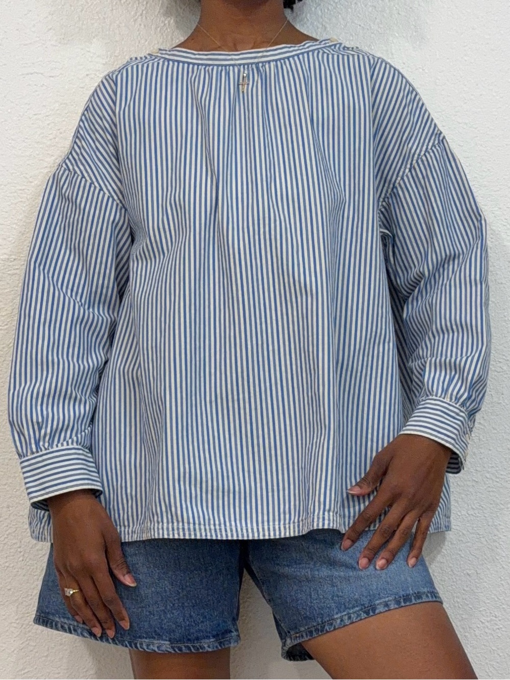 TOAST Women's Blue and White Pinstriped Long-Sleeve Shirt